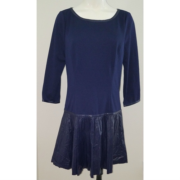 NWT Jessica Simpson Dress 8 Evening Blue Faux Leather Micropleating Drop Waist - Picture 1 of 8